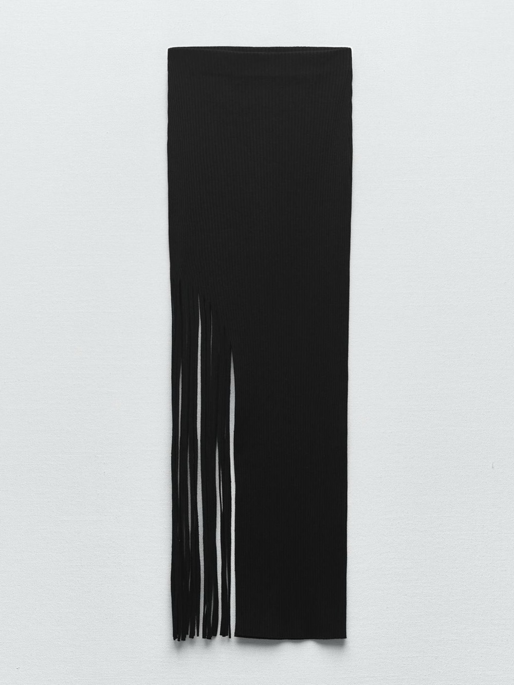 Zara Black Ribbed Skirt with Asymmetrical Fringe